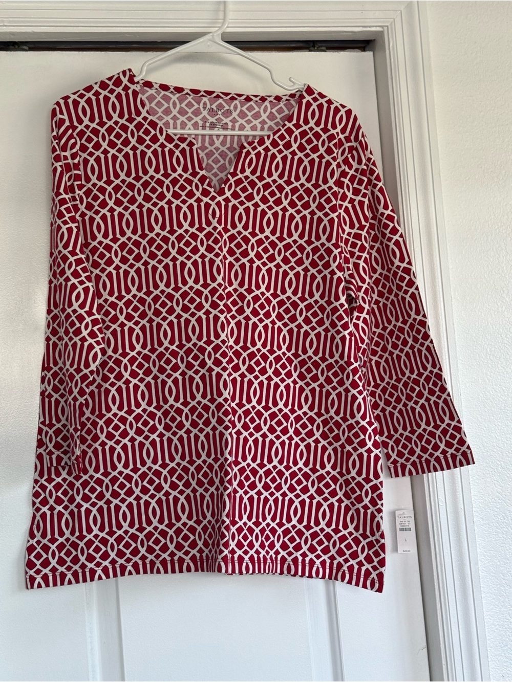 Talbots Red and White Geometric Notch-Neck Knit Top